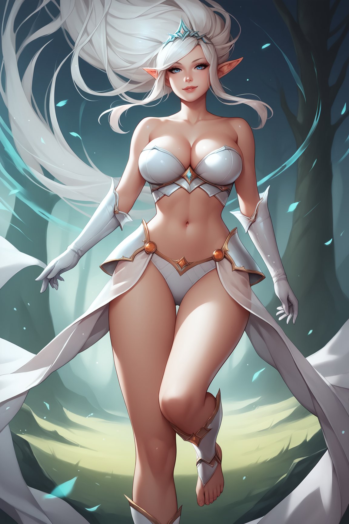 score_9, score_8_up, score_7_up, score_6_up, score_5_up, score_4_up, BREAK, JannaLoLXL, blue eyes, white hair, long hair, floating hair, parted bangs, sidelocks, pointy ears, tiara, large breasts, white armor, orange jewelry, bare shoulders, cleavage, white midriff, navel, white elbow gloves, hips armor, panties, greaves, barefoot, solo, standing, seductive smile, looking at viewer, forest, tree <lora:JannaLoLXL:0.8>