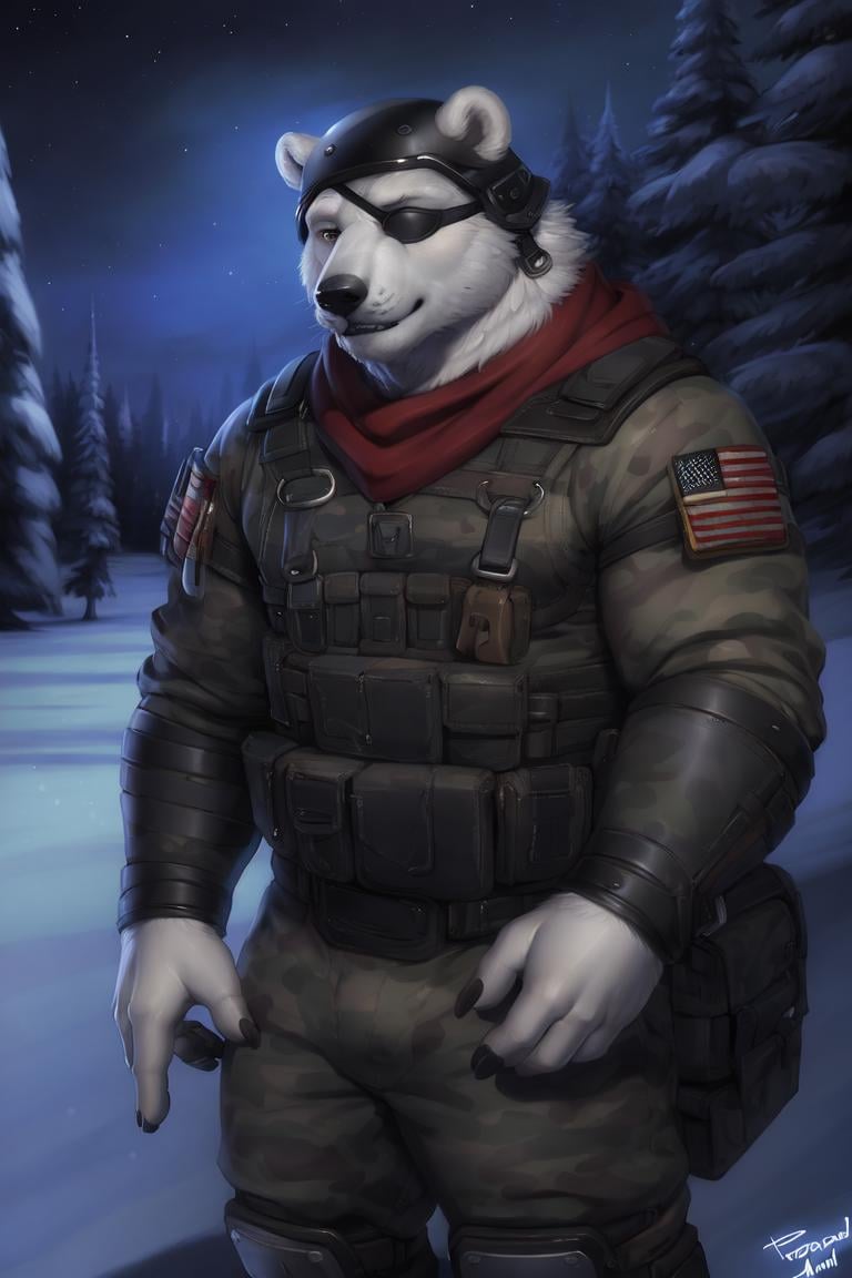 (by personalami, by narse, by honovy, by tojo the thief), male, solo, polar bear, ursid, polar patroller, fur, muscular, smile, dark forest, night, moonlight, winter, clothed, wearing military uniform, camo, bottomwear, helmet, eyepatch, tactical harness, black clothing