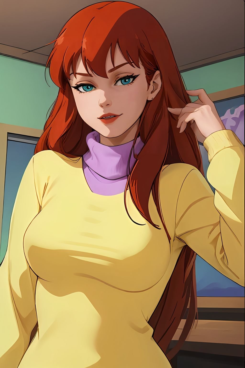 absurdres, mary jane watson, upper body, yellow sweater with purple turtleneck <lora:Mary Jane Watson_v1:1>