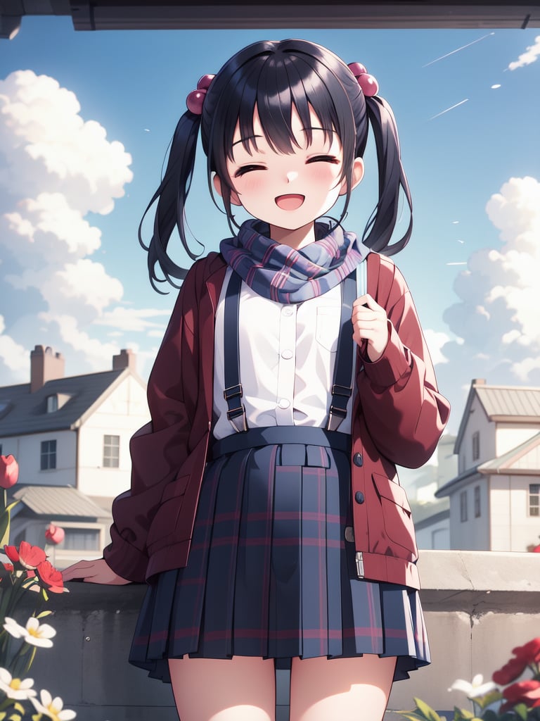 <lora:Tsutsumi_Kinuka:0.8>, TsutsumiKinuka, 1girl, skirt, solo, closed eyes, smile, twintails, outdoors, black hair, shirt, hair ornament, scarf, cloud, hair bobbles, open mouth, sky, white shirt, building, long sleeves, jacket, blue skirt, bangs, blush, pleated skirt, suspenders, flower, cowboy shot, facing viewer, buttons, :d, plaid, suspender skirt, cloudy sky, standing, red flower, black jacket, plaid scarf, house, open clothes, ^_^, long hair, open jacket,masterpiece, high quality, very_high_resolution, large_filesize, full color,