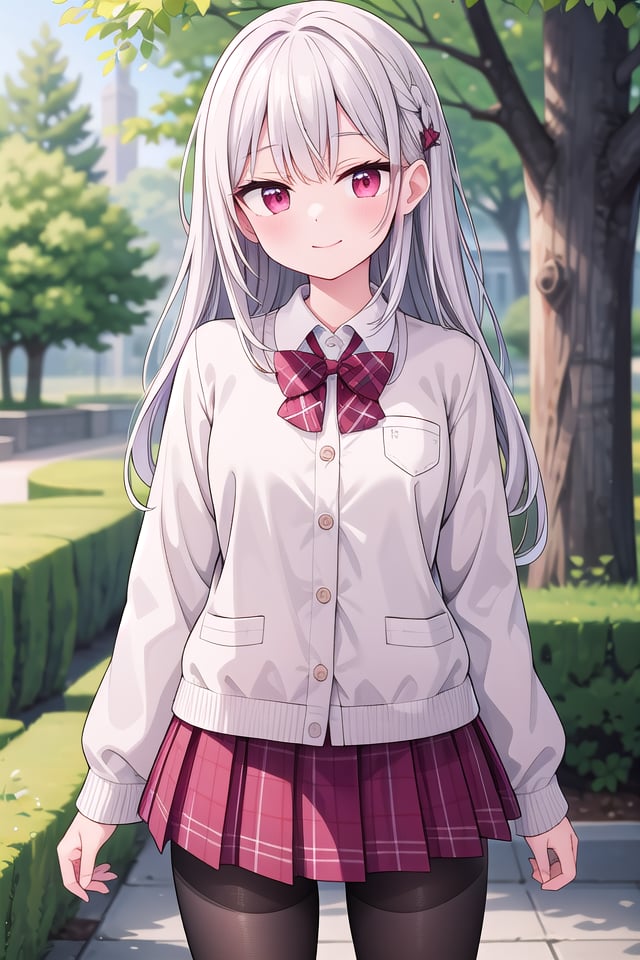 insanely detailed, absurdres, ultra-highres, ultra-detailed, best quality,1girl, solo, nice hands, perfect handsBREAK(School Uniforms:1.2), (pink cardigan is fit body:1.4), ((do up a buttons, not loose):1.5), ((long sleeve, sleeves past wrists):1.2), (inner wear is white collared-shirt:1.3), (red plaid-pattern bow:1.3), (red plaid-pattern pleated skirt:1.3), ((dark-brown pantyhose, loafers):1.2), (cleavage:-1.5)BREAKhappy smile, laugh, closed mouthBREAK(45 angle:-1.5), (from side:-1.5),standing, cowboy shot, looking at viewerBREAKslender, kawaii, perfect symmetrical face, ultra cute girl, ultra cute face, ultra detailed eyes, ultra detailed hair, ultra cute, ultra beautifulBREAKin forest, depth of field, ultra detailed backgroundBREAKmedium large breastsBREAK(grey hair, red eyes), spiked hair,
