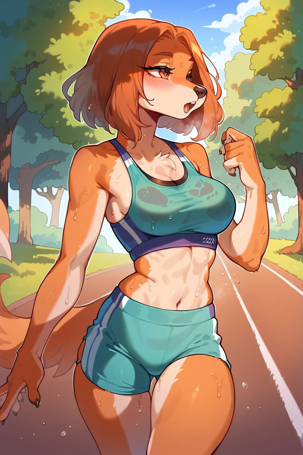 score_9, score_8_up, score_7_up,((best quality)), absurdres,<lora:SukiLanePXL:1> sukilanepxl, anthro, 1girl, park, jogging, (sports bra, revealing shorts,translucent topwear), sweat, outdoors, half body portrait,<lora:Smooth Anime Style LoRA XL:0.7> Smooth, Anime, <lora:Expressive_H:1> Expressiveh, 