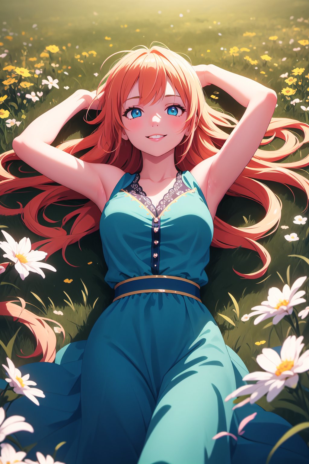 1 beautiful girl, 20yo, long red-blonde hair,  blue eyes, smile, (lies on her back in a flower meadow), her arms folded behind her head(masterpiece:1.2), (best quality:1.2), newest, ai-generated, ultra-detailed, best shadow, detailed background, high contrast, (best illumination, an extremely delicate and beautiful), ((cinematic light)), hyper detail, dramatic light, intricate details, 8k, anime, very aesthetic,