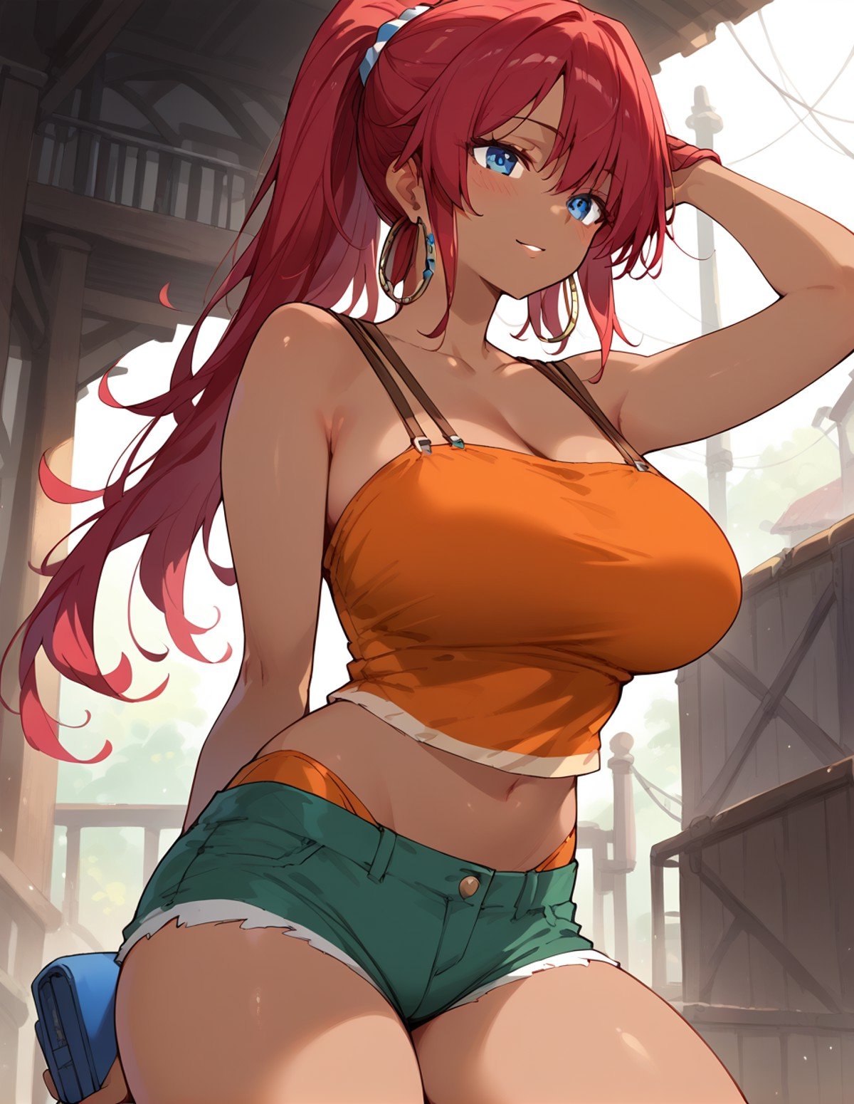 1girl,<lora:bellows_pony:1>,bellows,red hair,blue eyes,ponytail,large breasts,dark skin,bare shoulders,orange tank top,hoop earrings,shorts,short shorts,, score_9,score_8_up,score_7_up,score_6_up,score_5_up,score_4_up,