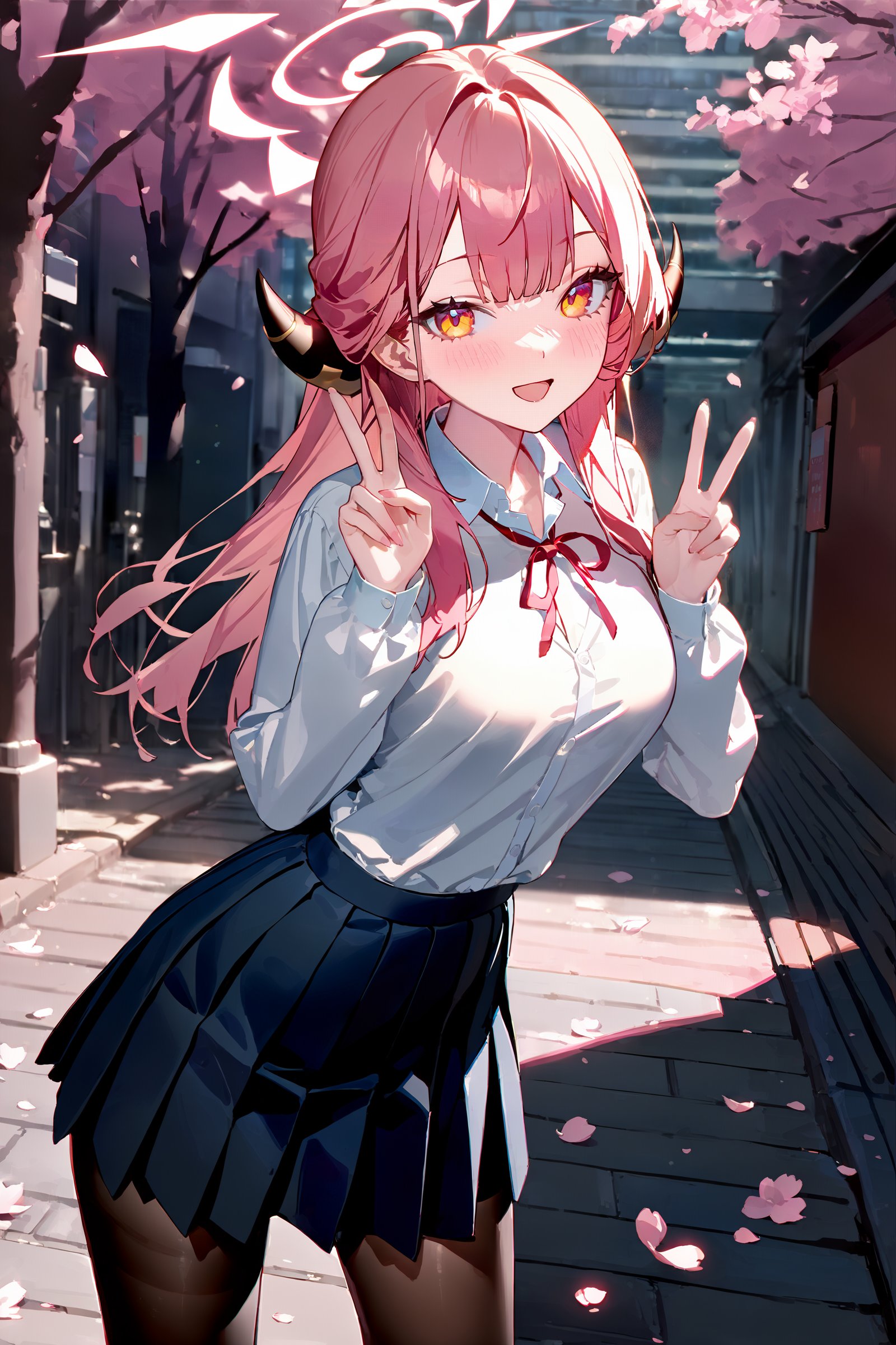 masterpiece, best quality, very aesthetic, ray tracing, newest,(hitenkei, askzy:0.5), 1girl, aru \(blue archive\), solo, halo, horns, school uniform, white shirt, sweater, pleated skirt, pantyhose, light smile, double v, looking at viewer, smile, open mouth, outdoors, street, cherry blossoms, petals, depth of field  <lora:quality1:0:hr=2>,  <lora:Char-BlueArchive-Aru-XL-V1:0.9>