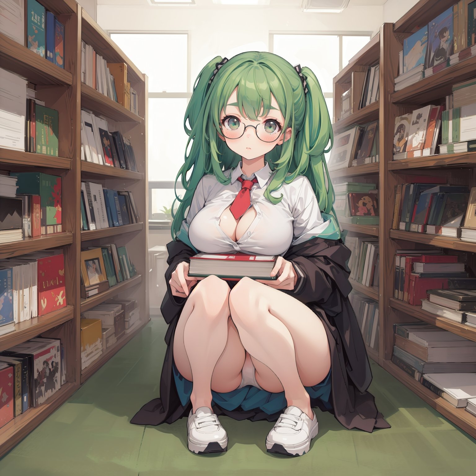 (8k,4k,highres,absurdres,masterpiece,top quality,best quality),extreme detailed,colorful,highest detailed,Gorgeous background, long_wide_shot, 1girl,(full body:1.2),carrying book stack,sneakermules,sneakers,shoelaces,straight hair,green hair,glasses,looking up,school uniform,expressionless,:<,blush,hairpin,low-tied long hair,necktie_between_breasts,partially unbuttoned,open_shirt,large_breasts,miniskirt,cleavage,breasts_out, bare legs,panties,pantyshot, squatting,thick_eyebrows, carried_breast_rest,  indoors,at library's corner,bonsai,flower pot,green eyes,