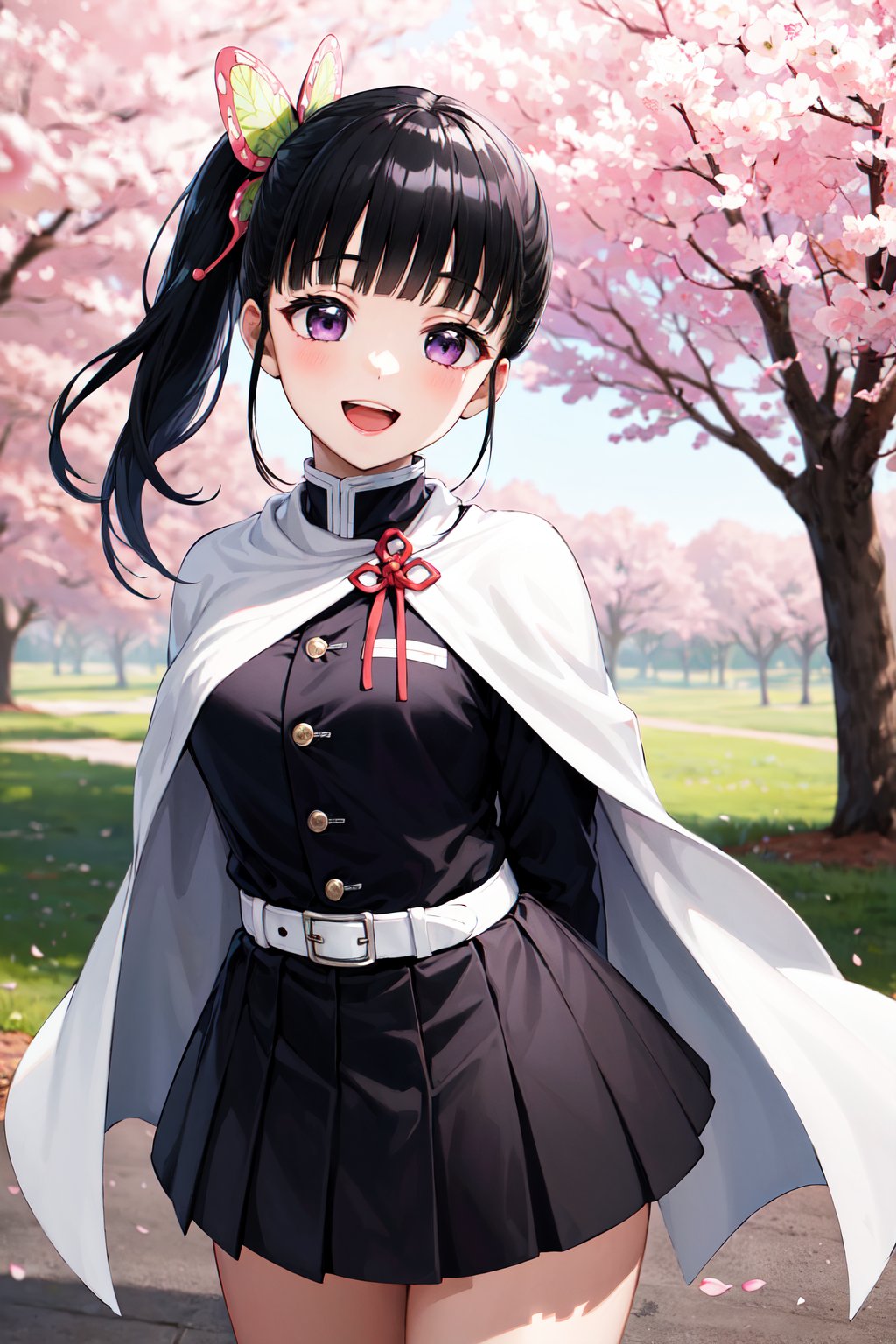 masterpiece, best quality, highres, aakanao, long hair, side ponytail, hair ornament, white cape, red ribbon, black jacket, long sleeves, belt, pleated skirt, black skirt, <lora:tsuyuri_kanao_v1:0.8>, standing, cowboy shot, leaning forward, arms behind back, smile, open mouth, outdoors, cherry blossoms,