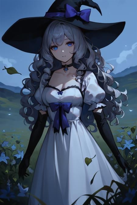 score_9, score_8_up, score_7_up, dark theme, low light, 1girl, witch hat, hat, solo, long hair, flower, dress, choker, puffy sleeves, looking at viewer, grass, white dress, bow, hat bow, white hair, black choker, plant, outdoors, blue eyes, purple eyes, black headwear, bangs, long sleeves, gloves, witch, blue bow, wavy hair, short sleeves, puffy short sleeves, elbow gloves, black gloves, standing, field, grey hair, sky, purple bow, breasts, curly hair, parted lips, expressionless, cowboy shot, closed mouth, leaf <lora:Smooth Anime Night Style SDXL_LoRA_Pony Diffusion V6 XL:1>