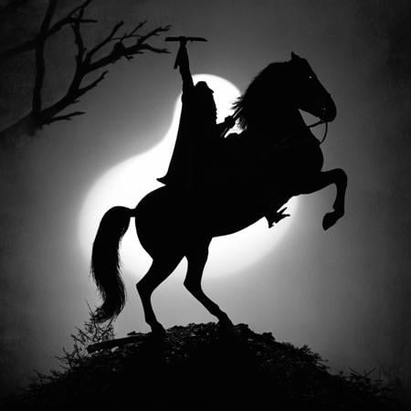 cinematic film still of  <lora:Headless Horseman v3:0.9>Decapitated Headless Horseman a silhouette Headless man riding a horse with a sword on his head,solo,1boy,holding,monochrome,weapon,male focus,sword,holding weapon,tree,holding sword,1other,silhouette,riding,over shoulder,horse,weapon over shoulder,horseback riding,detailed,real,different,unique,cinematic,dramatic,concept art,filmic,horror style, shallow depth of field, vignette, highly detailed, high budget, bokeh, cinemascope, moody, epic, gorgeous, film grain, grainy