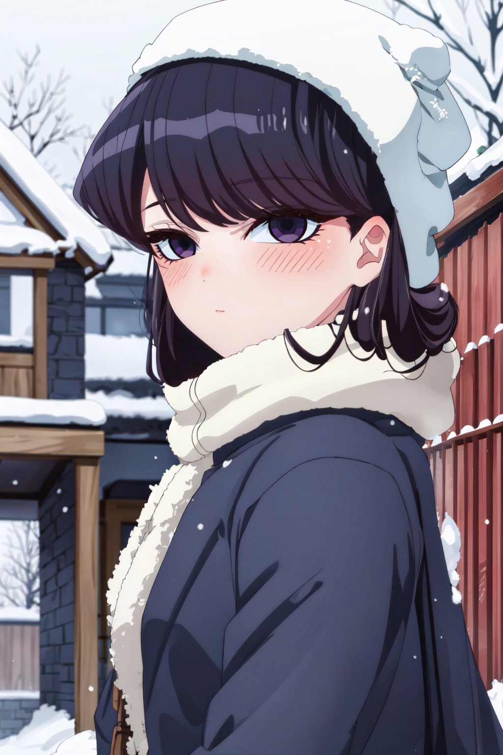 ShoukoKomi, Shouko Komi, (8k, high definition), upper body, loose hair, long eyelashes, loose hair, long hair, long sideburns, purple eyeliner, perfect eyes, embarrassed, blushing, high definition, highly detailed eyes, highly detailed, upper part of the body, coat, outside the house, snow, cold hat, steam, snowflakes, snowing<lora:EMS-333743-EMS:1.000000>