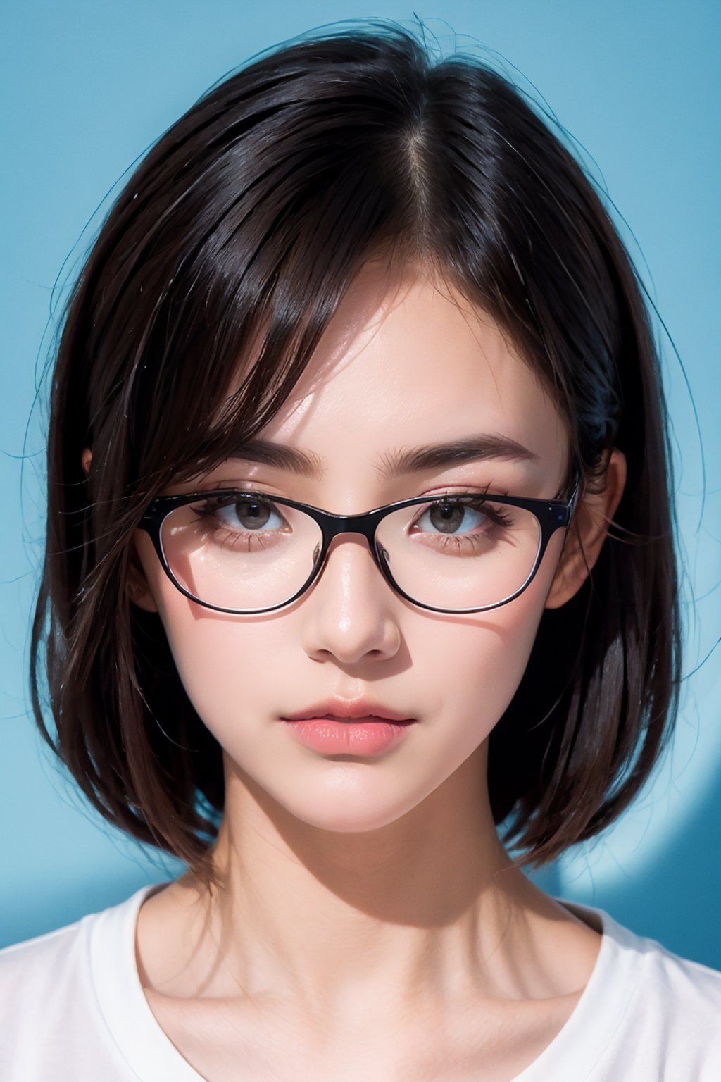 1girl, solo, white shirt, portrait, glasses, looking sideways