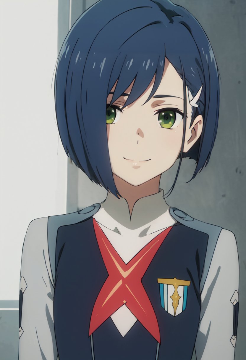 best quality, masterpiece, highres, solo, (ichigo_darlinginthefranxx:1.10), 1girl, closed mouth, military uniform, upper body, looking at viewer, smile, anime_style, 2 <lora:ichigo_darlinginthefranxx:0.80>