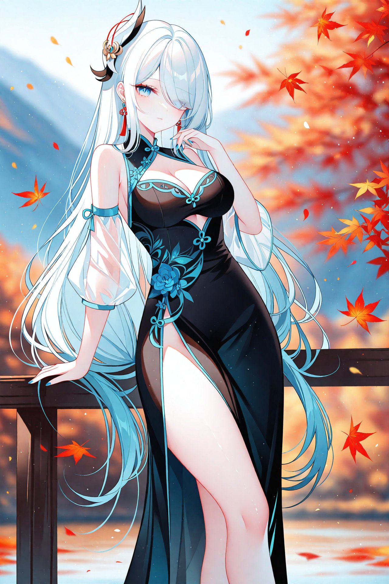 masterpiece,best quality,illustration,ultra detailed,hdr,Depth of field,(colorful),[Artist chen bin],Artist Sheya,1girl,shenhe (genshin impact),breasts,solo,dress,long hair,black dress,blue eyes,hair ornament,detached sleeves,large breasts,looking at viewer,bare shoulders,hair over one eye,white hair,thighs,long sleeves,very long hair,cleavage,jewelry,earrings,leaf,feet out of frame,official alternate costume,blurry,sleeveless,standing,closed mouth,chinese clothes,sleeveless dress,maple leaf,blue nails,see-through,blurry background,nail polish,