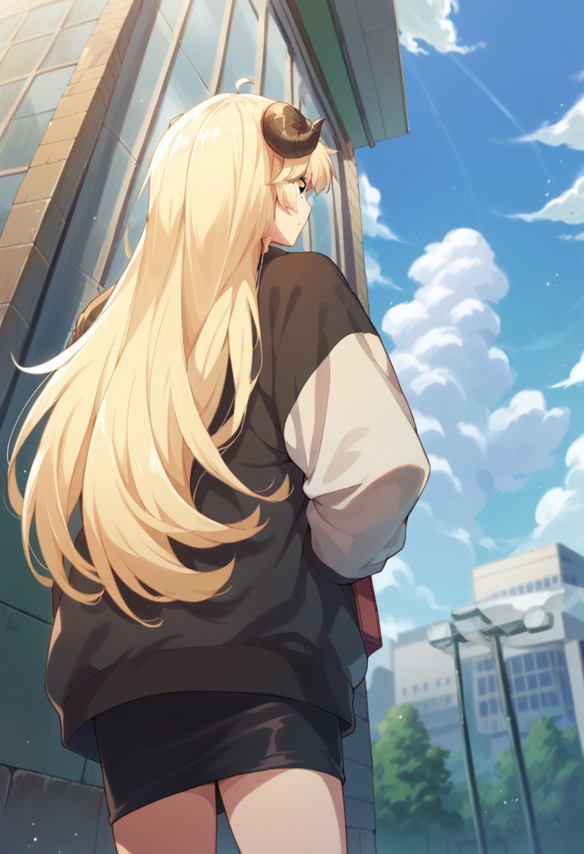 score_9, score_8_up, score_7_up, tsunomaki watame, 1girl, solo, jacket, outdoors, horns, long sleeves, sky, shirt, cloud, skirt