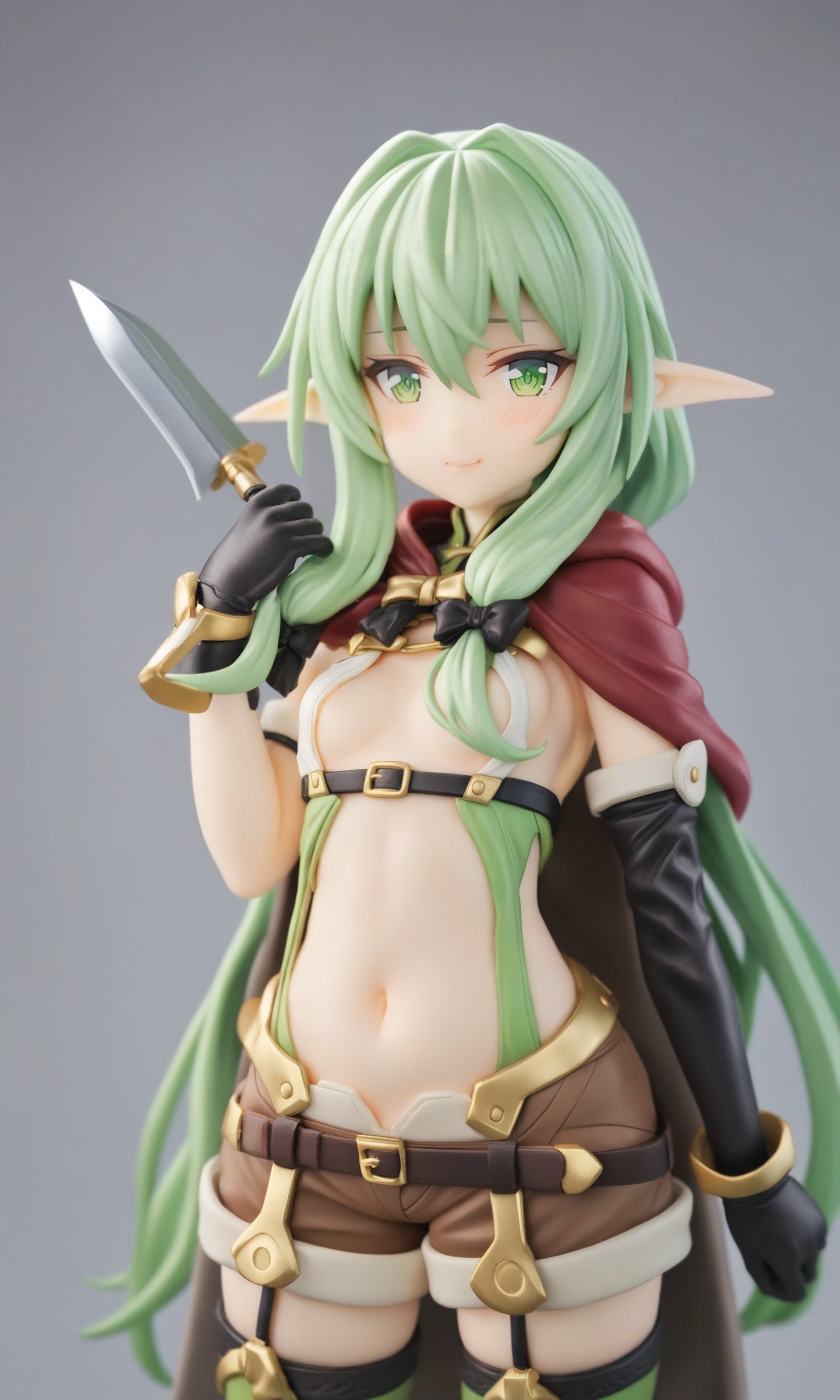 figure,masterpiece,best quality,<lora:high_elf:1>,grey_background,highres,navel,hooded_cape,solo,looking_at_viewer,1girl,quiver,arrow_\(projectile\),brown_shorts,arm_behind_back,hand_up,high_elf_archer_\(goblin_slayer!\),brown_cape,gold_trim,hair_bow,sidelocks,cowboy_shot,clenched_hand,weapon,tress_ribbon,blush,knife,black_bow,simple_background,small_breasts,black_gloves,commentary_request,holstered,short_shorts,green_thighhighs,smile,closed_mouth,