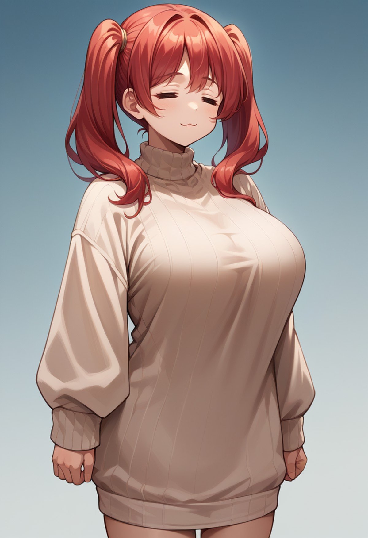 score_9, score_8_up, source_anime, 1girl, solo, =w=, :3, = =, eyes closed, red hair, twintails, large breasts, sweater dress, <lora:ChamElfExpressionPonyXL:1>