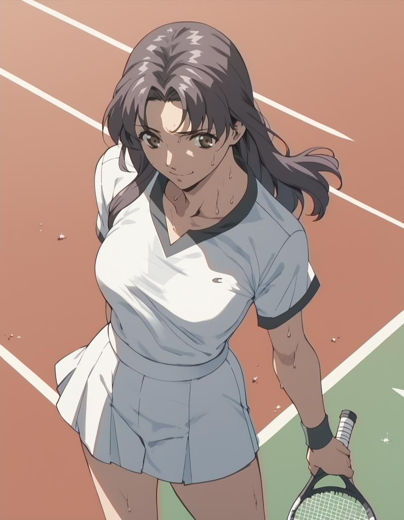 score_9, score_8_up, score_7_up, score_6_up, score_5_up, score_4_up, <lora:tomoko-ponyxl:0.9> 1girl, solo, tomoko, (purple hair:0.5), tennis uniform, cowboy shot, sweat, smile, tennis court