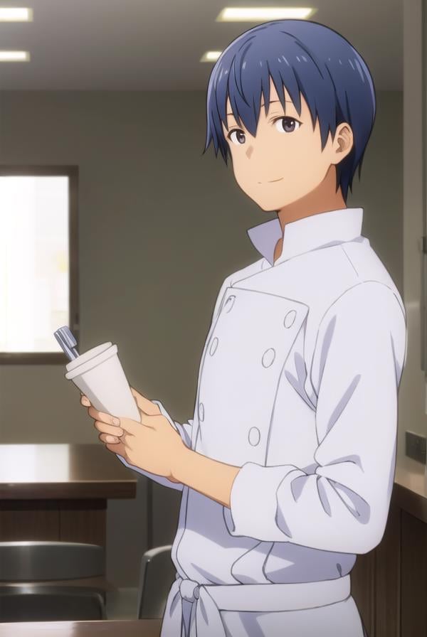 hiroomisouma, <lora:hiroomi souma s2-lora-nochekaiser:1>,hiroomi souma, (brown eyes:1.3), blue hair, male focus, smile,BREAK apron, buttons, waist apron, white pants, chef,BREAK indoors, restaurant,BREAK looking at viewer, (cowboy shot:1.5),BREAK <lyco:GoodHands-beta2:1>, (masterpiece:1.2), best quality, high resolution, unity 8k wallpaper, (illustration:0.8), (beautiful detailed eyes:1.6), extremely detailed face, perfect lighting, extremely detailed CG, (perfect hands, perfect anatomy),