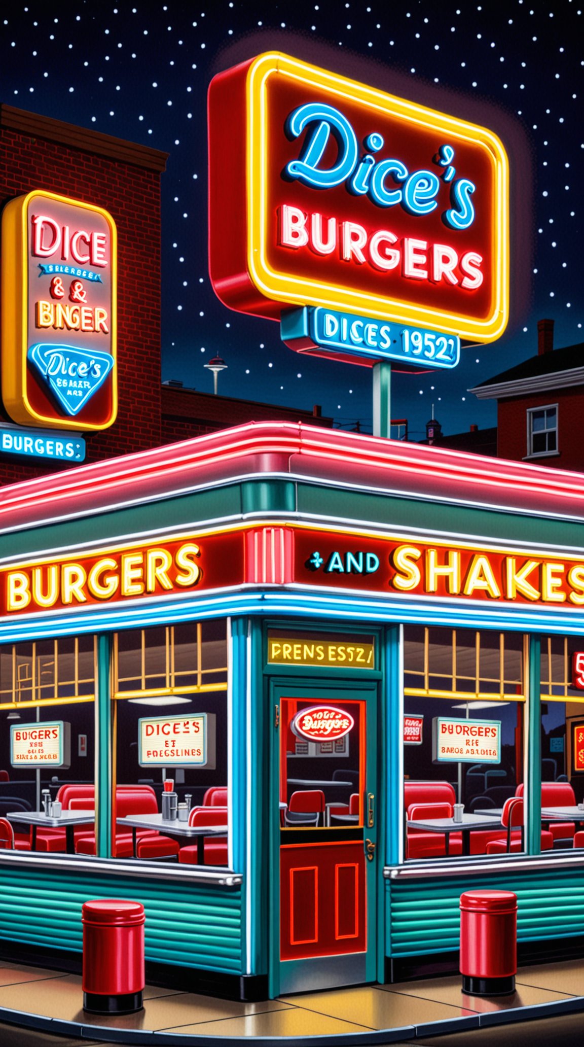 “A vintage 1950s-style diner with a neon sign in the window that reads "Dice's Burgers & Shakes - Est. 1952".”, Cross-stitching art style, traditional and timeless craft, precise and meticulous stitching technique, intricate and decorative piece