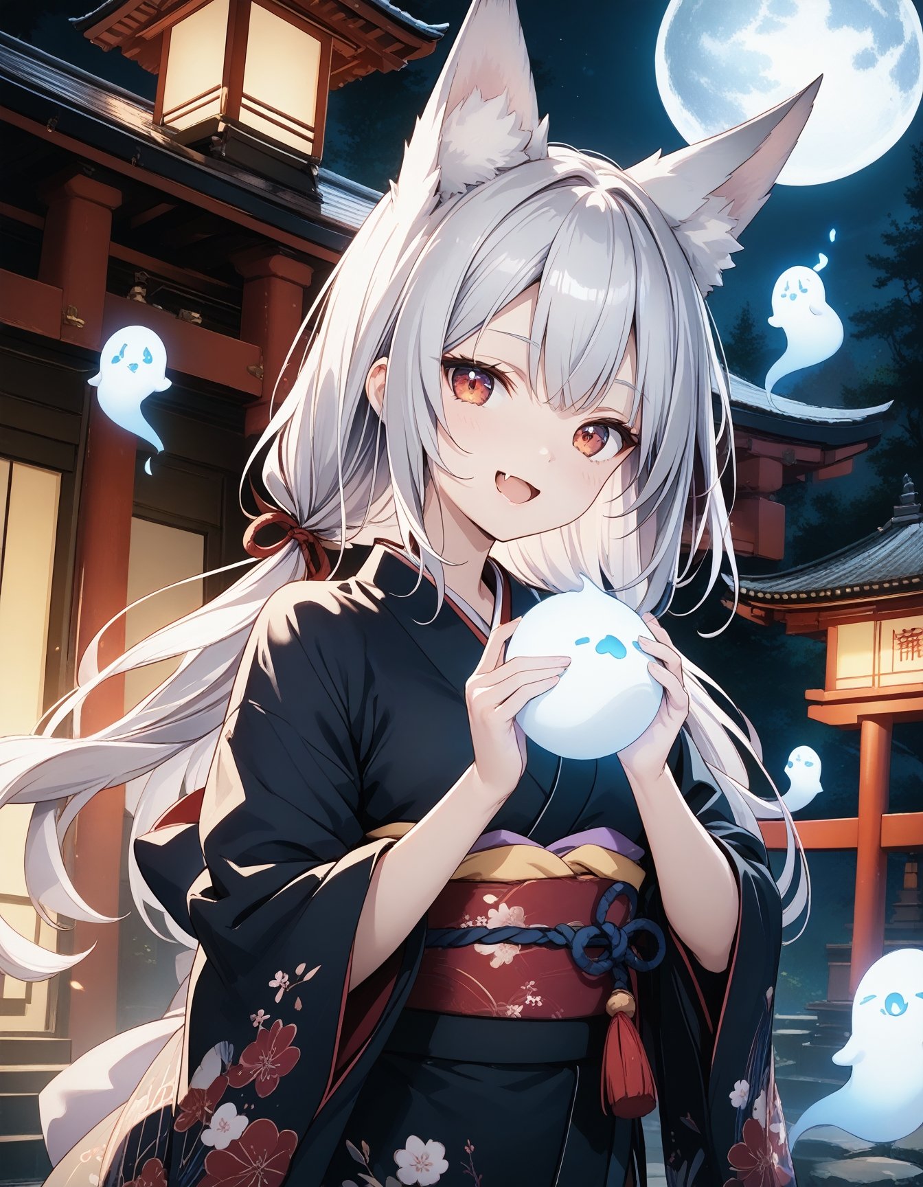 masterpiece, best_quality, BREAK1girl,fox_ears,silver_hair,skin_fang,smile,open_mouth,kimono,hitodama, shrine,moon_night,upper_body,