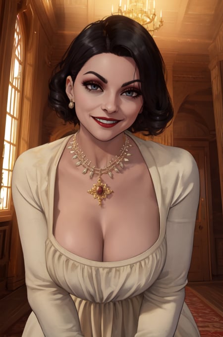 Alcina,black eyes,black hair,short hair,white dress,single earring,cleavage,necklace,black gloves,upper body,leaning forward,looking at viewer,smile,castle,indoors,night,(insanely detailed, beautiful detailed face, beautiful detailed eyes, masterpiece, best quality),solo,<lora:AlcinaDimitrescu-12:0.8>,