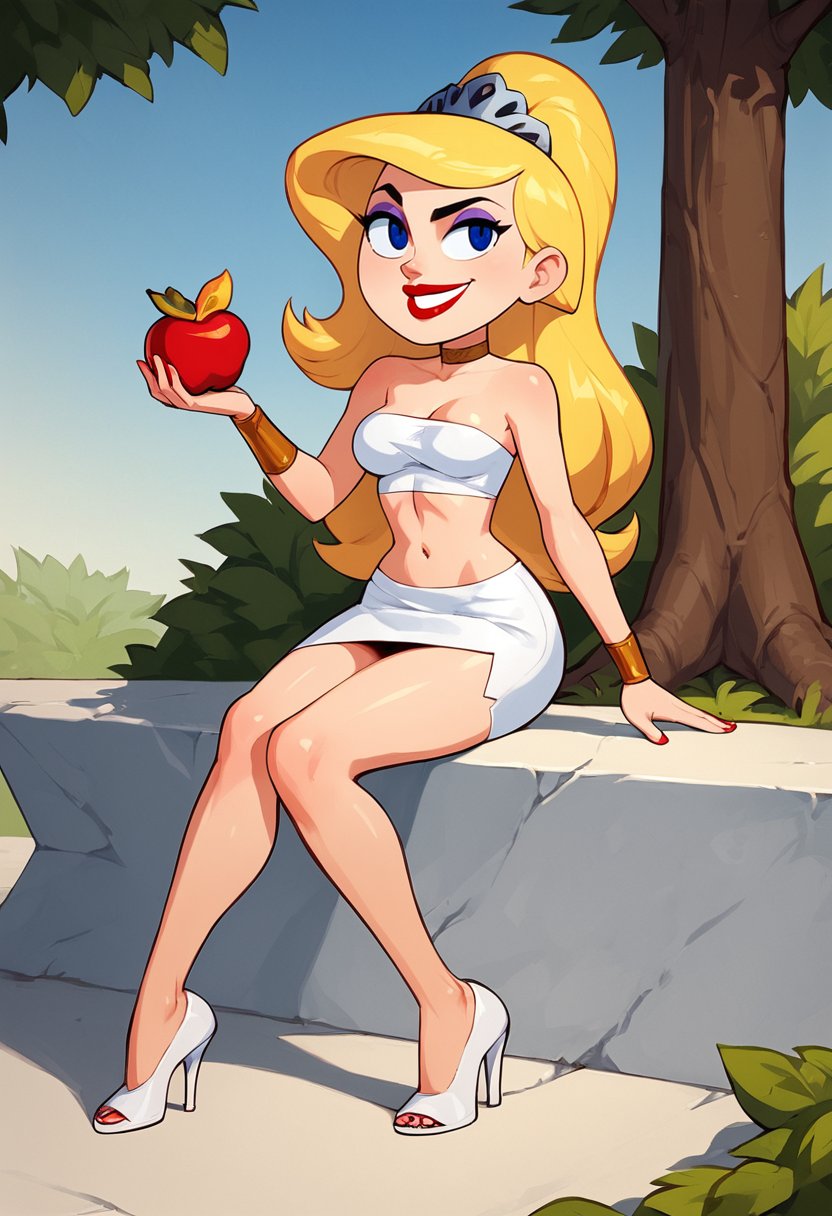 score_9, score_8_up, score_7_up,source_anime,anime coloring,perfect anatomy,cinematic_shadow,BREAK<lora:eris:1>eris, 1girl, blonde hair, fruit, solo, food, makeup, long hair, apple, eyeshadow, tree, blue eyes, smile, midriff, sitting, ponytail, navel, lipstick, skirt, white skirt, breasts, high heels, choker, tiara,outdoors, 