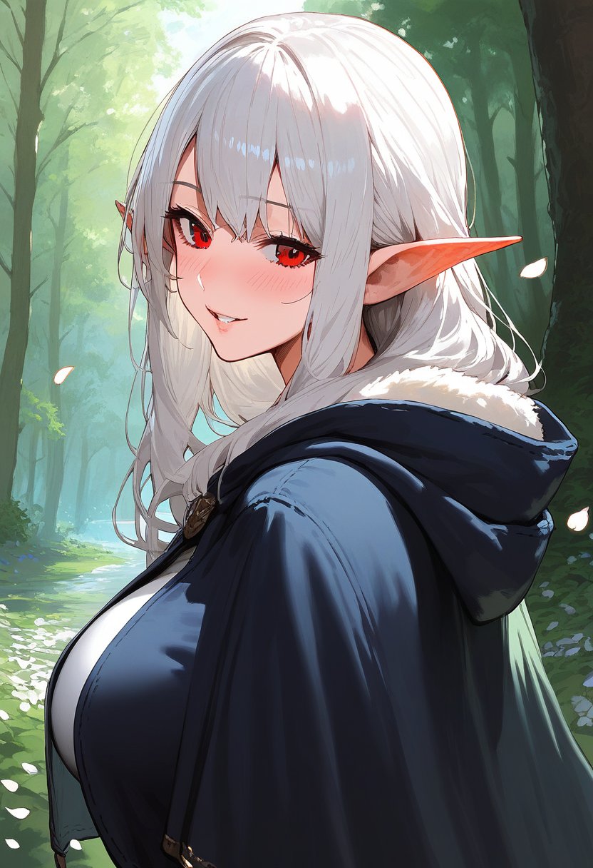 score_9, score_8_up, score_7_up, score_6_up, source_anime, <lora:GEN 0.1v:0.9>, GEN,1girl, pointy ears, solo, red eyes, smile, elf, looking at viewer, white hair, petals, long hair, upper body, outdoors, cloak, forest, hood, blush, nature, hooded cloak, cape, shirt, hood down, parted lips, looking back, day, bangs, large breasts,