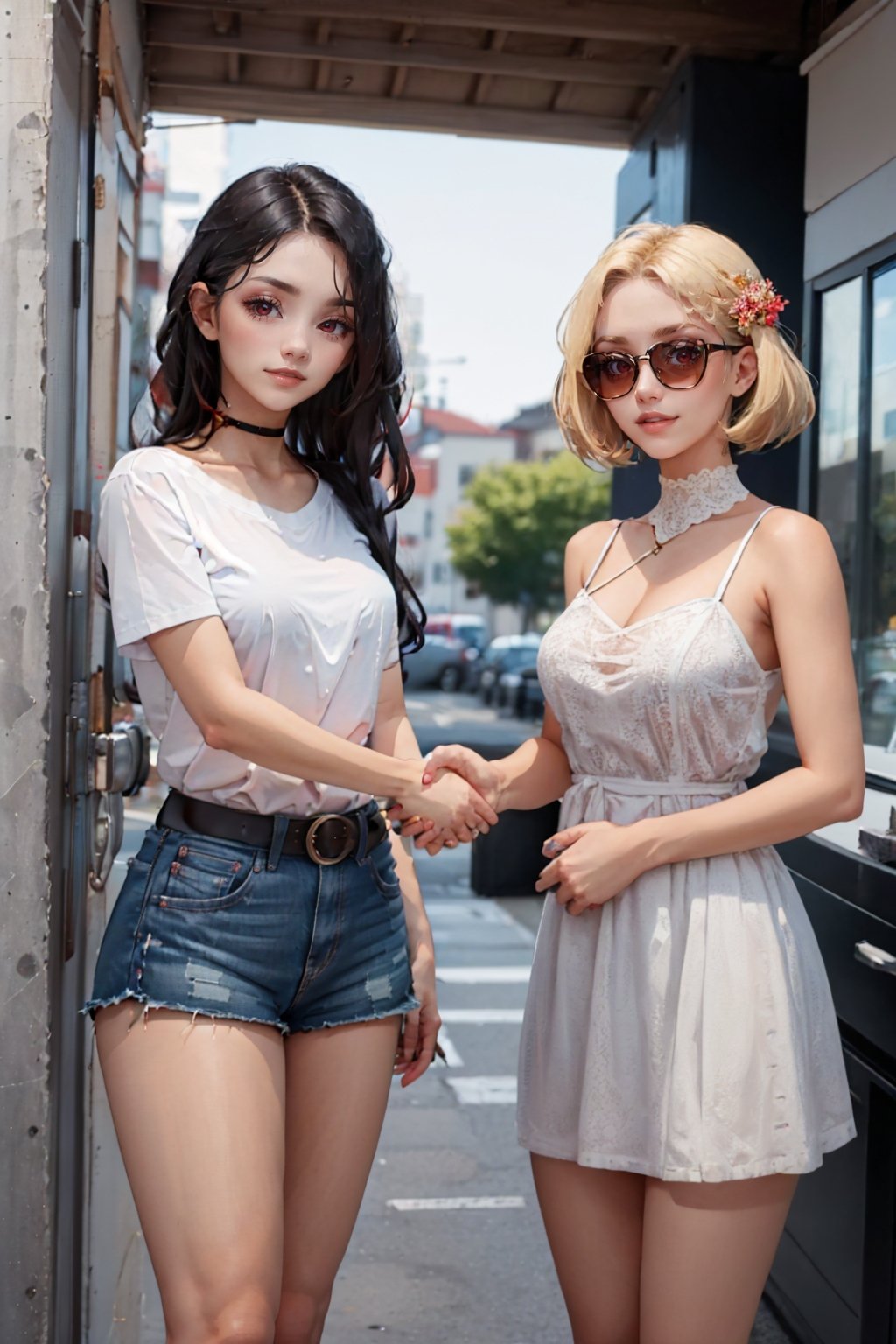 2girls, smile, looking at viewer, handshake, <lyco:concept_handshake-11:0.6> BREAKnevin, long hair, black hair, red eyes, white shirt, short sleeves, <lora:Nevin:0.6> BREAK1girl, blonde hair, sunglasses, white dress