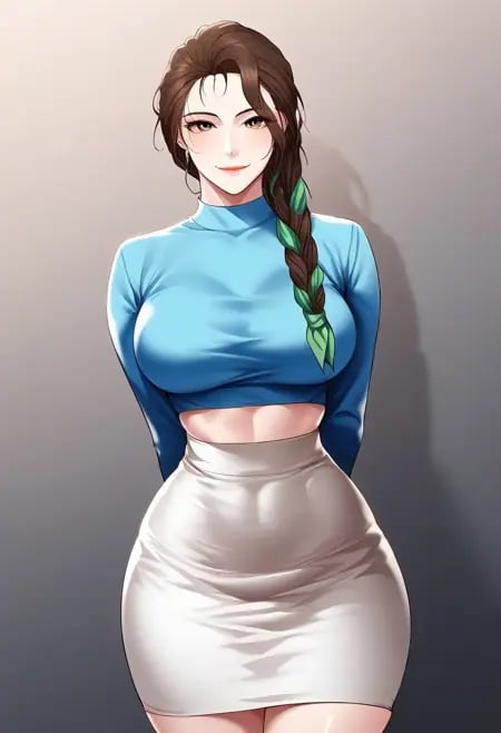 score_9, score_8_up, score_7_up, ASCII masterpiece, source_anime, BREAK, 1girl, solo, (( <lora:cho_mi-kyung:1> , cho_mi-kyung, thin waist, wide hips, beautiful skin, beautiful brown eyes, clear eyes, bright pupils, beautiful eyes, beautiful brown hair, huge and shaggy breasts, natural beauty, extraordinary beautiful woman, attractive woman, super sexy woman, lustful body, sexy woman with seductive obscene body, sensual body, voluptuous body, sexy beauty, most beautiful milf, no piercings, no piercing, )), ((sexy long-sleeves cut-out blue top, obscene cleavage, huge cleavage, midriff, white pencil skirt, single hair braid with green scarf, hair over shoulder, )) , closed mouth, sexy pose, seducative smile, indoor, night club, looking at viewer, horny, seductive, hands behind back, standing, cowboy shot, front view, closing up, leans forward, huge cleavage, hands behind back,