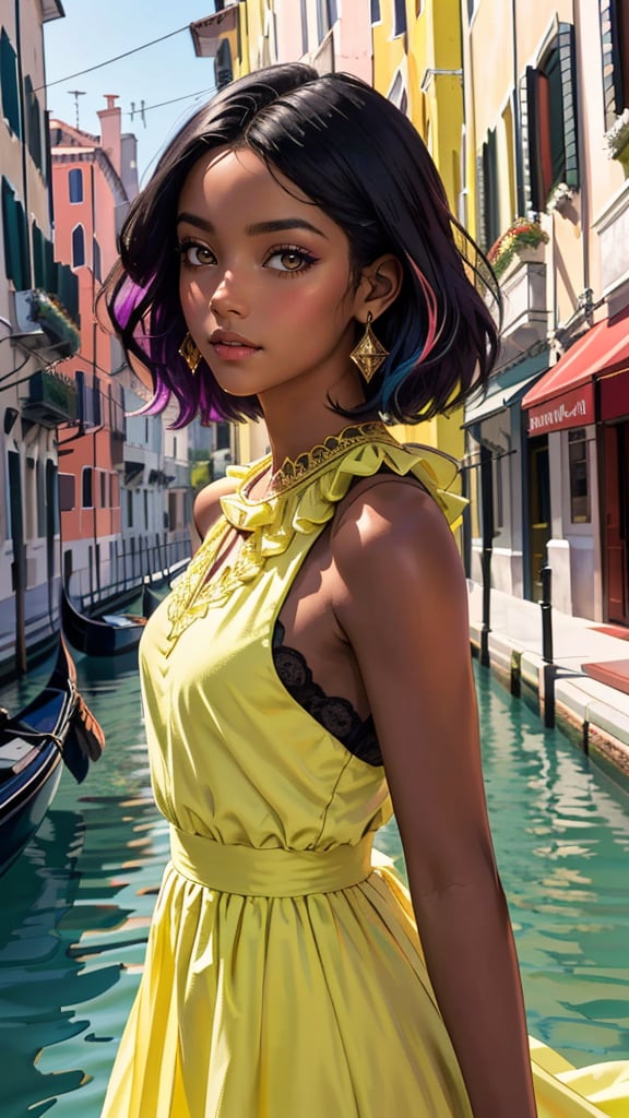 (best quality, masterpiece, colorful, highest detailed) upper body photo, fashion photography of cute photo of a beautiful, black skin, dark skin, African supermodel, purple makeup, dawn, Venice, gondola, colorful dress, yellow&purple theme, Porta 160 color, shot on Leica T, sharp focus on subject, shot by Anne Geddes, (cinematic, purple and yellow:0.85), (vibrant color), (intricate details), (dynamic angle)