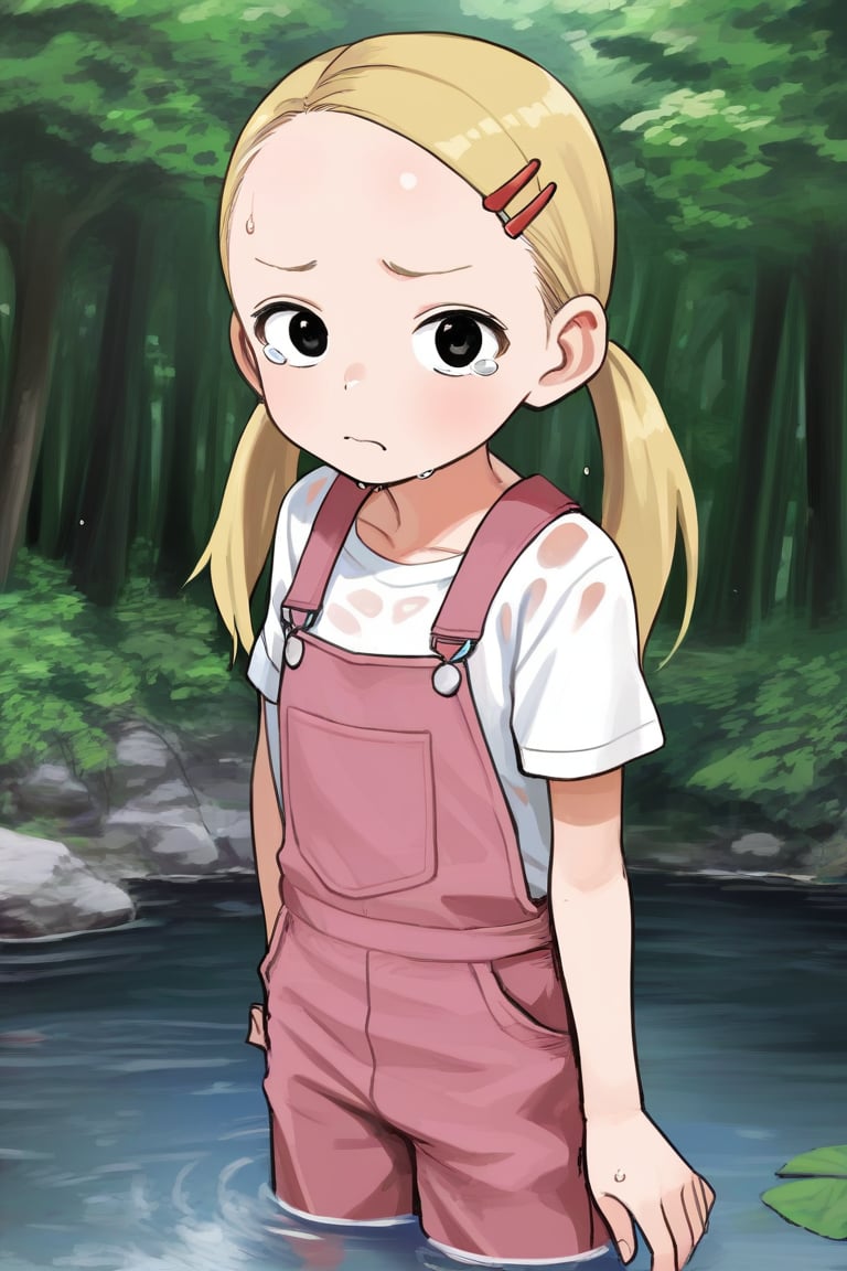 score_9, score_8_up, score_7_up, rating_safe BREAK1girl, (:t), tearing up, black eyes, blonde hair, twintails, hairclip, forehead, flat chest, white t-shirt, pink overalls, forest, river, partially submerged, (wet, wet clothes, wet shirt, dripping)