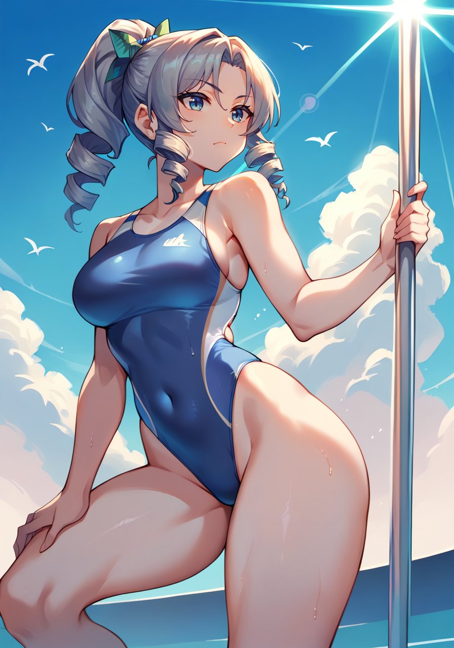 score_9, score_8_up, score_7_up, score_6_up, high quality, masterpiece, 8k, highres, detailed, 1girl, bare_arms, bare_shoulders, blue_one-piece_swimsuit, closed_mouth, competition_swimsuit, drill_hair, drill_ponytail, grey_eyes, grey_hair, highleg, highleg_swimsuit, holding, holding_pole, leg_up, looking_to_the_side, one-piece_swimsuit, pole, solo, swimsuit, thighs