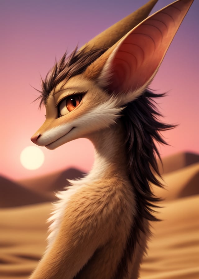 [by Somanyfangs, by Mamaduo:by Silverfox5213:0.5],feral solo (yinglet:1.25), standing,(side view, half-length portrait, looking at viewer),sand, (desert, dune, large moon, afterglow, pink sky, moon light),BREAK,masterpiece, best quality, ultra realistic, 4k, 2k,(high detail, blurred background:1.3), film photography, RAW photo, photorealistic, analog style, subsurface scattering, photorealism, absurd res