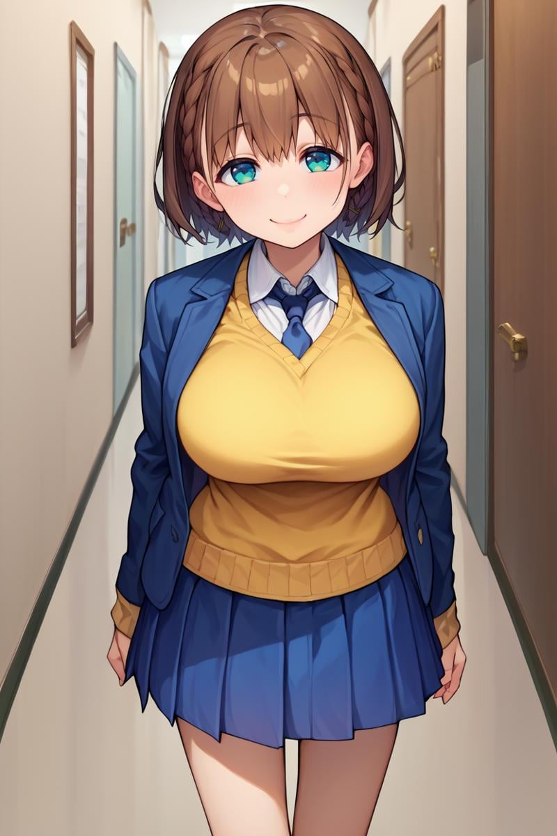 score_9, score_8_up, score_7_up, score_6_up, source_anime, BREAK 1girl, solo,  <lora:aichan-pdxl-nvwls-v1-000005:1> aichan, brown hair, cyan eyes, braid, large breasts, blue blazer, yellow sweater vest, blue necktie, blue skirt, pleated skirt, smile, closed mouth, happy, blush, looking at you, hallway