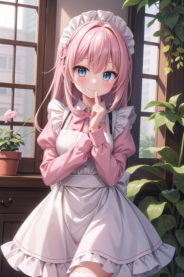 insanely detailed, absurdres, ultra-highres, ultra-detailed, best quality,1girl, solo, nice hands, perfect hands,BREAKapron, blush, bow, bowtie, frilled apron, frills, long sleeves, maid, maid apron, maid headdress, waist apron, white apronBREAKsmile, closed mouthBREAKfinger to mouth, index finger raised, shushing, cowboy shot, looking at viewer,BREAKslender, kawaii, perfect symmetrical face, ultra cute girl, ultra cute face, ultra detailed eyes, ultra detailed hair, ultra cute, ultra beautiful,BREAKday, flower, ivy, leaf, indoors, open door, plant, potted plant, vines, window,BREAKwhite (pink:1.2) hair, green eyes, long hair, medium breasts, bangs, eyebrows visible through hair,