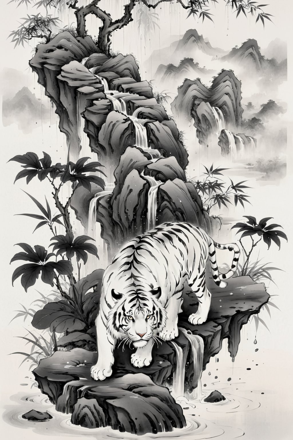 Best quality,8k,cg,falls,Rain,raindrops,Chinese ancientpaintings,traditional chinese ink painting,black and white ink painting,tiger,chinese meticulous ink,illustration,white background,centered,completed,<lora:工笔水墨:0.8>,