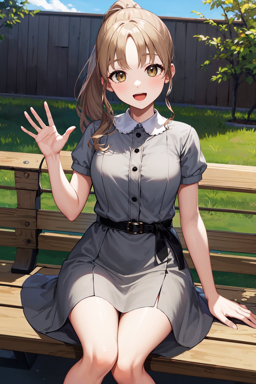 masterpiece, best quality, highres, bbsister, long hair, ponytail, sidelocks, collared dress, grey dress, short sleeves, buttons, black belt, <lora:sister_cleaire_v2:0.7>, outdoors, sitting, bench, waving, smile, open mouth,