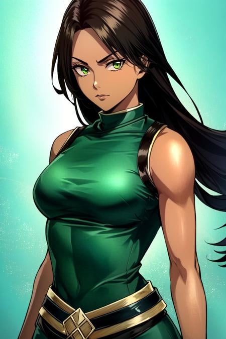 (extremely detailed CG unity 4k wallpaper),(masterpiece),(ultra quality),(ultra-detailed),(best illustration),(best shadow),(absurdres),(detailed background) <lora:OGT_Jade-v1:1> Jade, 1girl, solo, breasts, ((((green eyes, dark-skinned female, dark skin, brown-skinned female, brown skin)))), long hair, brown hair, looking at viewer, lips, upper body, closed mouth, green turtleneck, sleeveless, medium breasts, serious, anime coloring, shonen anime style