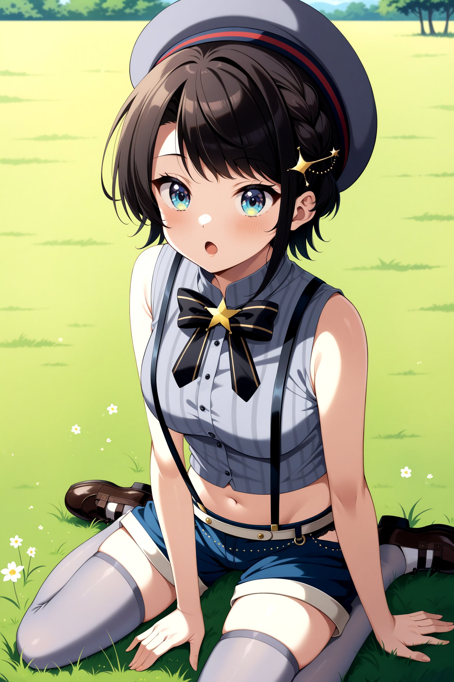 (masterpiece, best quality, very aesthetic, ultra detailed), intricate details, 4k, anime style, ccsubaru, short hair, french braid, hairclip, grey headwear, black bowtie, grey shirt, sleeveless, suspenders, midriff, blue shorts, grey thighhighs, <lora:oozora_subaru_XL_v1:0.9>, shoes, outdoors, field, grass, wariza, :o