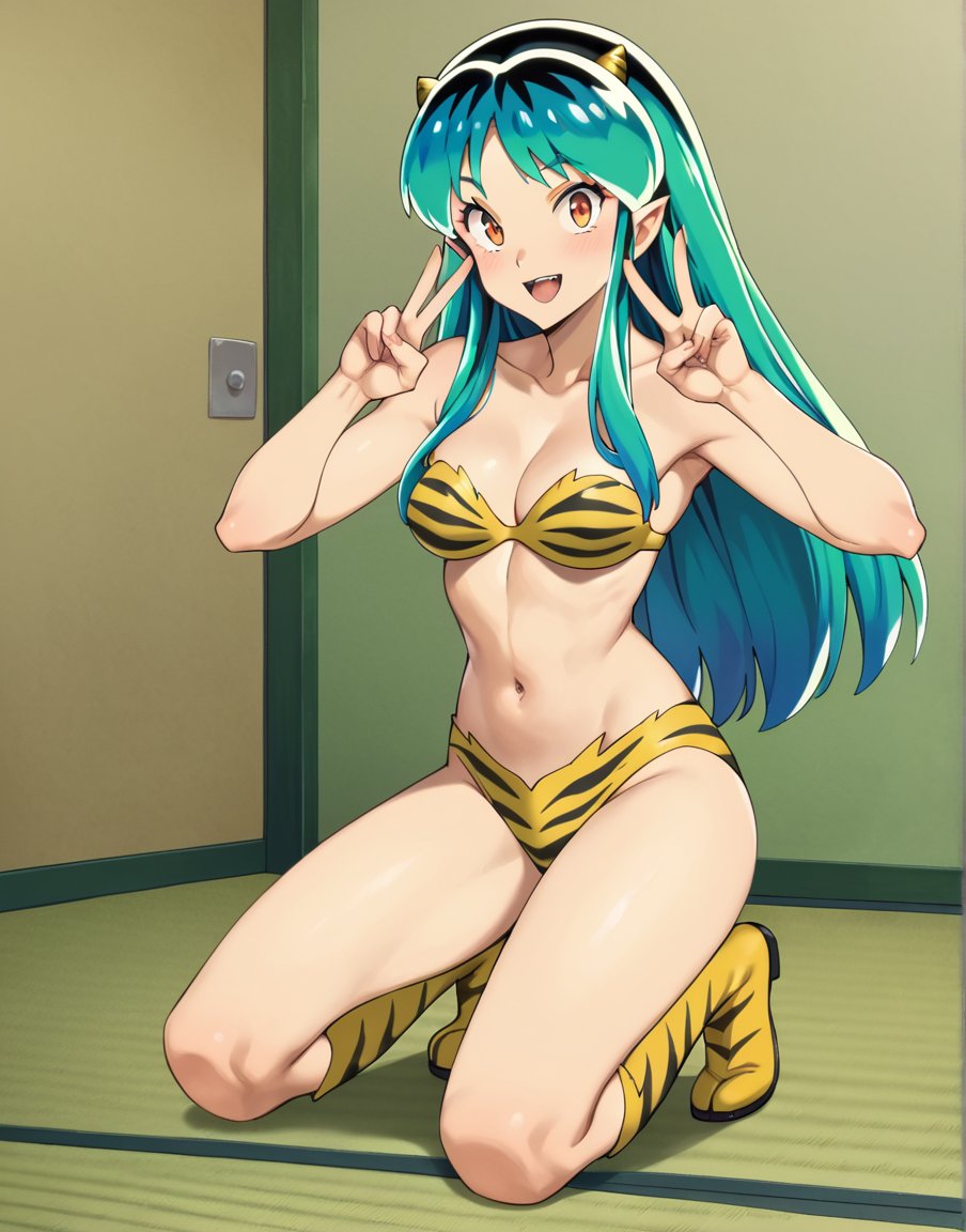 score_9, score_8_up, score_7_up, 1girl,  <lora:lum:1> lumxl, long hair,green hair, aqua hair, multicolored hair, oni, cone horns, pointy ears, animal print, tiger print, bikini, trapless bikini, navel, medium breasts, boots, orange eyes, yellow bikini, print bikini, seiza, zabuton, room, indoors, tatami, japanese room, seiza, zabuton, double v, fisheye, :D, looking at viewer, 