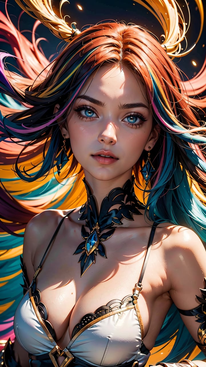 (best quality, masterpiece, colorful, dynamic angle, highest detailed), 1girl, really wild hair, multicolored hairlighting, portrait, (from front:0.6), fashion photography, in dynamic pose, light passing through hair, perfect day, (official art)