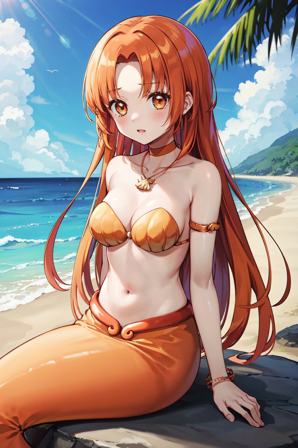 masterpiece, best quality, highres, 1girl, solo, long hair, orange hair, parted bangs, brown eyes, mermaid, choker, necklace, strapless, shell bikini, jewelry, bracelet, armlet, midriff, <lora:seira_v1:0.7>, sitting on rock, beach, ocean