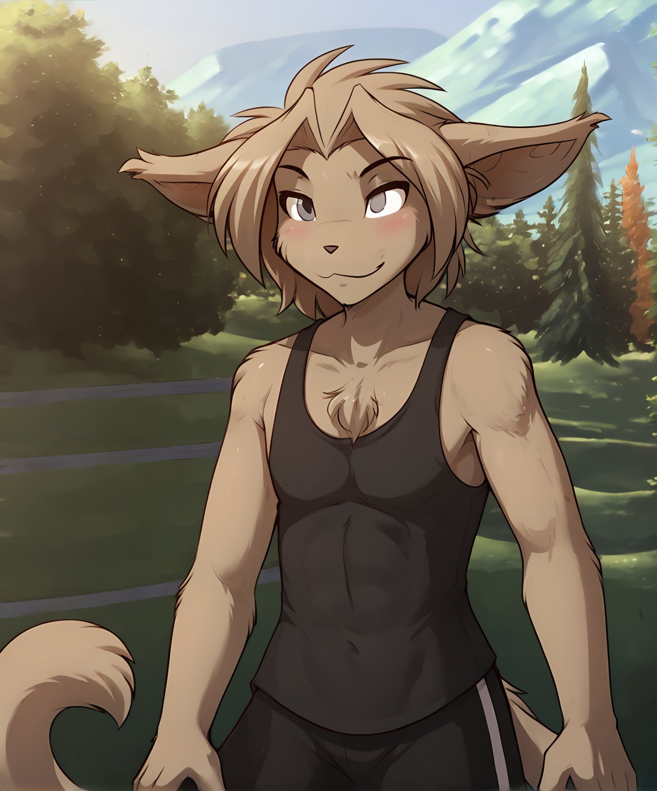 score_9, score_8_up, score_7_up,score_6_up,score_5_up, source_furryBREAKsolo, furry male anthro, medium hair, flat chest, (blushing, seductive), tank top, gym shorts, (outdoors, park), upper body shotBREAK<lora:Alaric-Twokinds-SDXL-AnonTK-V6-000025:1>, alaric-twokinds, basitin, mammal, feline tail, grey eyes