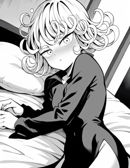 score_9, score_8_up, score_7_up, source_anime,tatsumaki, <lora:opm-tatsumaki-manga-ponyxl-lora-nochekaiser:1>,tatsumaki, short hair, curly hair, monochrome, greyscale,long sleeves, dress,indoors, bed, bed room, on side, blush, drunk,looking at viewer, cowboy shot, solo, dutch angle,