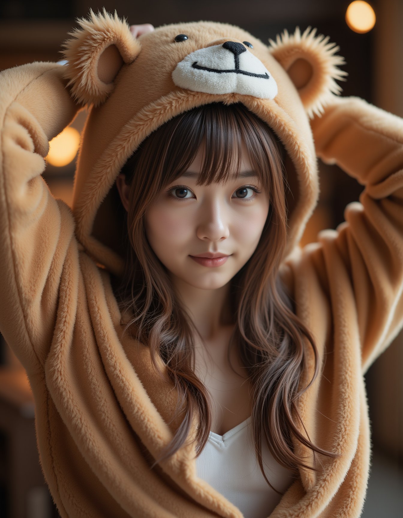 best quality, masterpiece, realism, realistic, long sweater fur-suit with bear costume, hands behind the head, cheats cutout, analogue photo of adult girl in costume, looking at viewer, long hair, extremely beautiful detailed face, medium breasts, (cute face, temptations look), eye level, professional photo, high contrast exposure, soft bokeh, high key light, hard shadow, soft bokeh, playful theme,