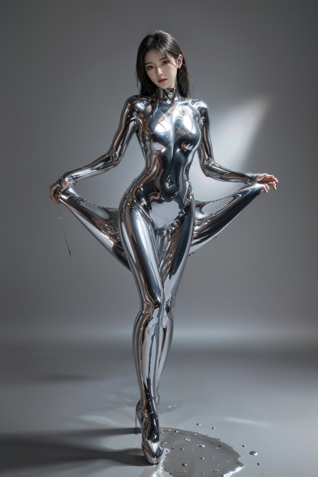 Hajime Sorayama style,<lora:秘银-000006:0.75>,fluid,silver skin,miyin,masterpiece,best quality,metal,full body,silver fluid,