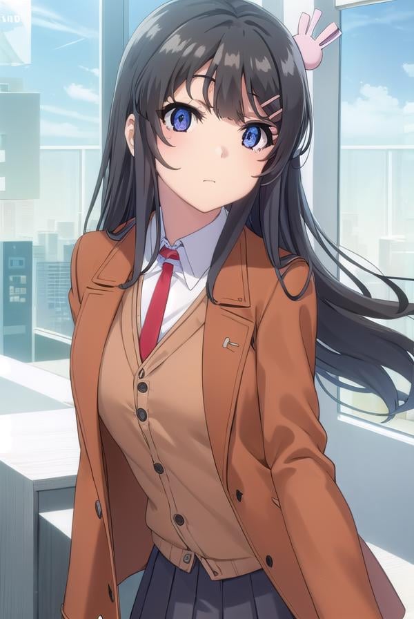 maisakurajima, <lora:mai sakurajima s1-lora-nochekaiser:1>, mai sakurajima, long hair, bangs, (black hair:1.5), hair ornament, (purple eyes:1.1), hairclip, rabbit hair ornament,BREAK skirt, shirt, school uniform, white shirt, short sleeves, pantyhose, pleated skirt, collared shirt, blue skirt, black pantyhose, red necktie, jacket, (brown jacket:1.5),BREAK indoors, classroom,BREAK looking at viewer, (cowboy shot:1.5),BREAK <lyco:GoodHands-beta2:1>, (masterpiece:1.2), best quality, high resolution, unity 8k wallpaper, (illustration:0.8), (beautiful detailed eyes:1.6), extremely detailed face, perfect lighting, extremely detailed CG, (perfect hands, perfect anatomy),