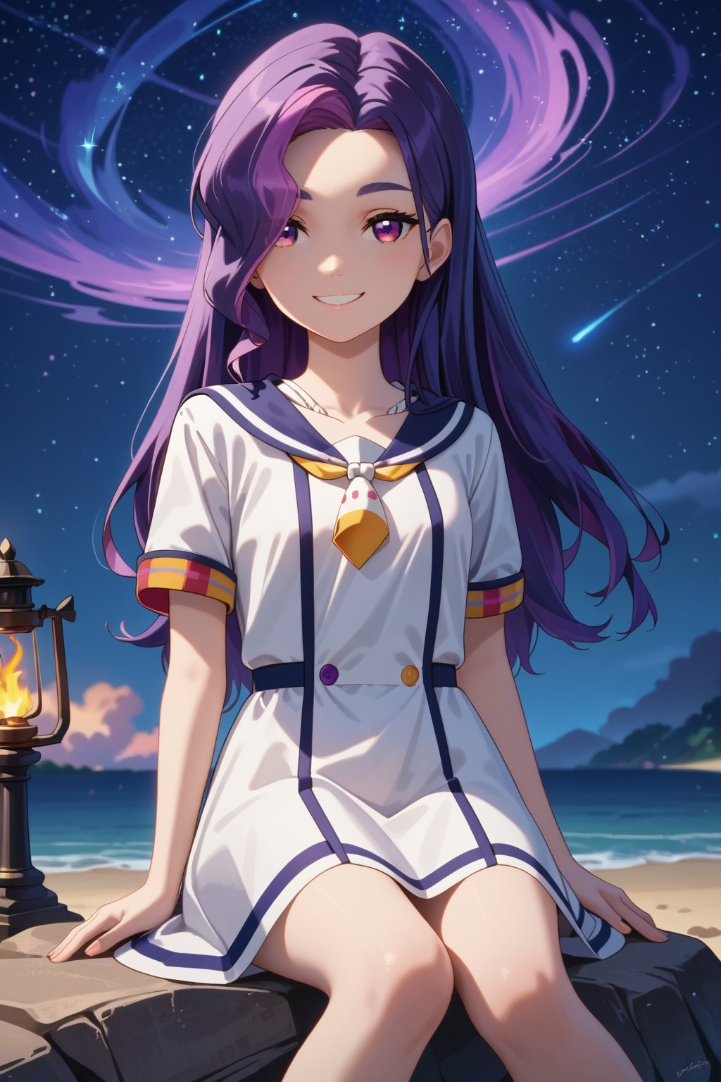 score_9, score_8_up, score_7_up, 1girl, hiragim, purple hair, purple eyes, multicolor_hair, long hair, hair ove one eye,, smile, looking at viewer, white dress, sailor collar, neckerchief, short sleeves, sitting sitting on rocks, beach background, starry sky, clouds, torch light, firepit, nighttime, night<lora:EMS-467752-EMS:0.800000>