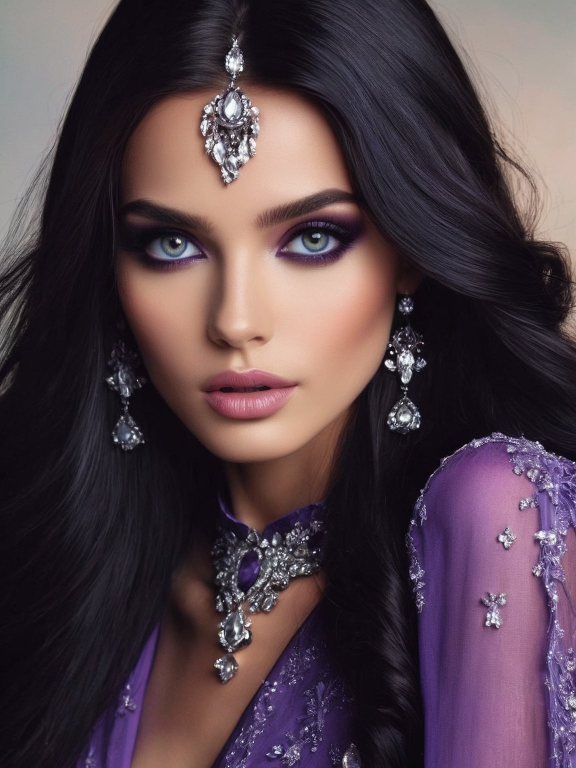 Beautiful fairy, beautiful fierce face with a long black hair, luxury jewellery,violet clothes, grey eyes<lora:GoodPhotoV1.0_alpha1.0_rank8_noxattn_700steps:1>