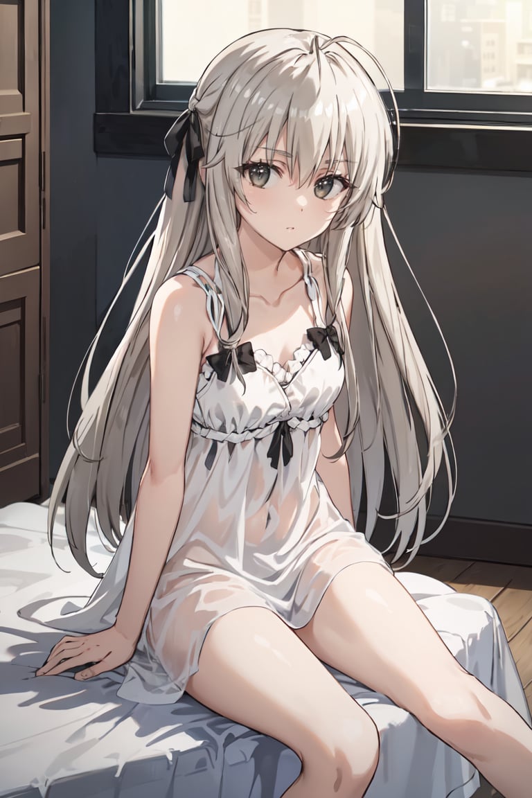 masterpiece, best quality, ultra-detailed, glistening shiny, glowing light, ray tracing, HDR, deph of field, (perfect face, detailed face),  <lora:KasuganoSora:0.7>, kasuganosora, long hair, black hair ribbon, black bows, white nightgown, bare legs, indoors